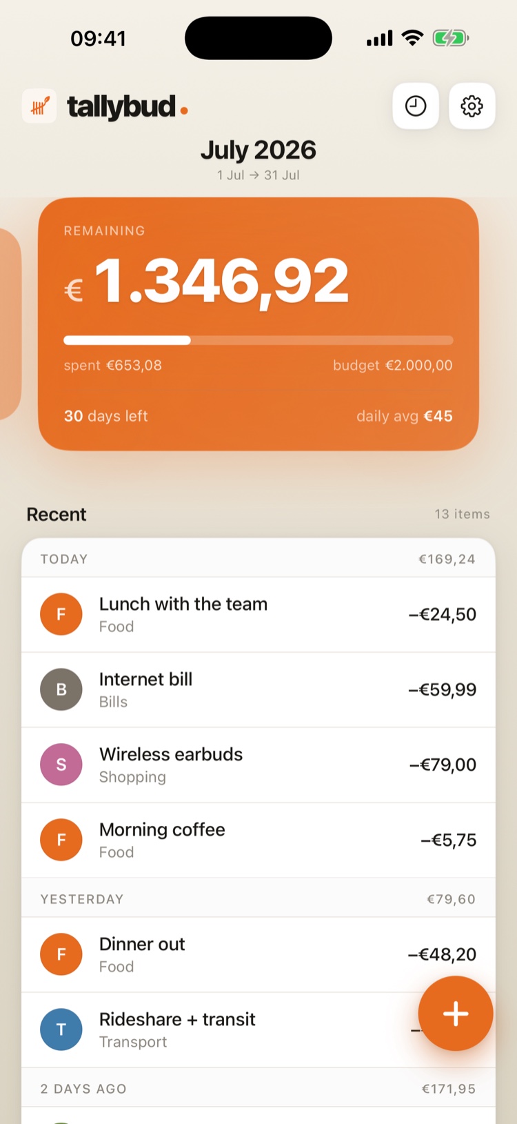 tallybud home screen in Euro